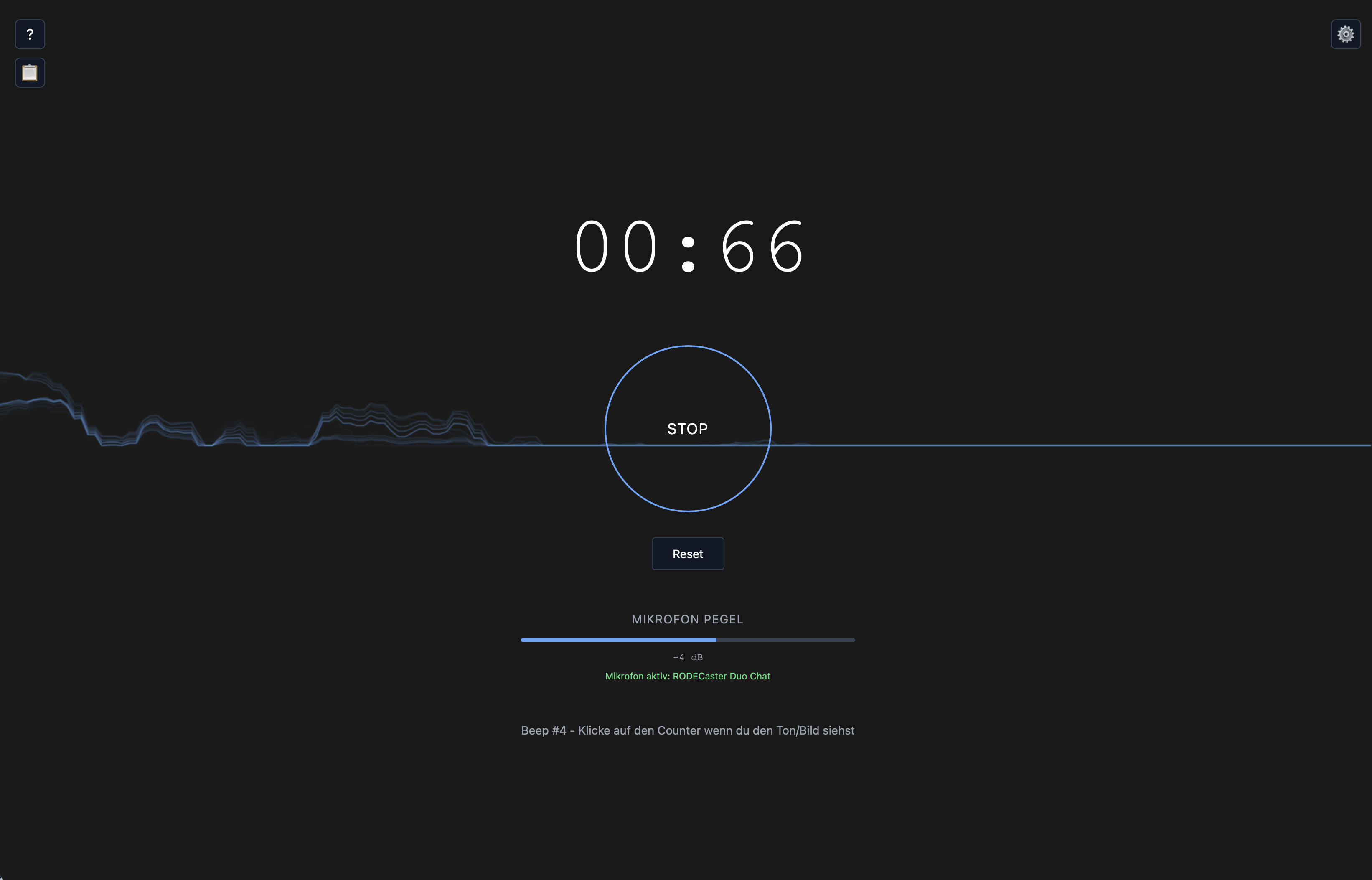 Latency Test: Timer, Waveform, STOP-Button, Mikrofon-Pegel